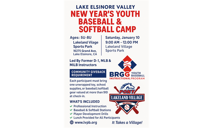 Free - Lake Elsinore Valley New Year’s Youth Baseball & Softball Camp